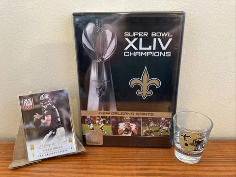 NFL Saints Lot Super Bowl XLIV DVD, Brees Card, Saints Shot Glass🔥New Orleans Cover
