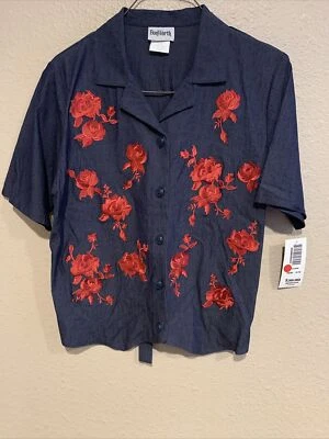 Blusa para mujer Bon Worth azul denim bordada talla XS rosa floral nueva con etiquetas Foto 1 de 4