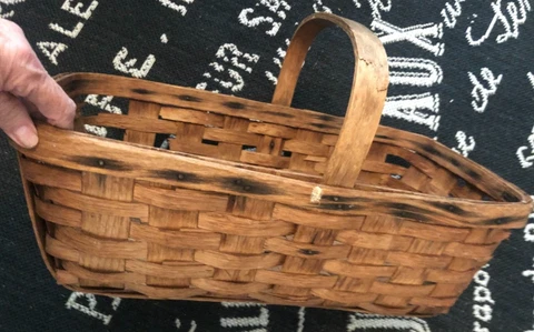 Vtg SPLINT Oak WOOD Rectangle GATHERING BASKET Garden Shopping 19X11.5 Runners 1 Cover