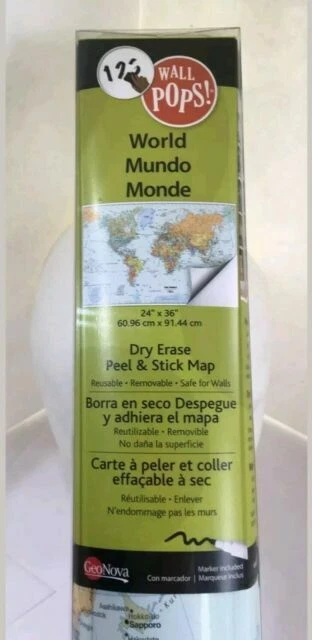 Настенная карта POPS World 36 дюймов ширина x 24 дюйма высота сухое стирание пилинг палочка и перемещение настенная карта с набором маркеров  - Изображение 1 из 1