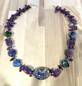 Sterling Silber Lila Amethyst Perlen Halskette Grob Perlen Boho - Bild 1 von 10