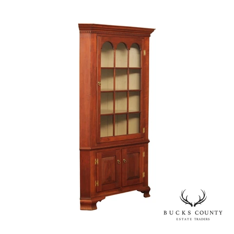 Early American Colonial Style Cherry Illuminated Corner Cabinet Cover
