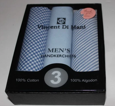 Juego de 3 pañuelos multi algodón azules VINCENT DI MANI nuevos en caja para hombre Foto 1 de 2