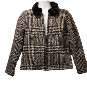 Talbots Coat Jacket Womens Med Faux Fur Collar Black Cream Glen Plaid Made USA - Picture 1 of 12