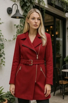 Michael Kors Women's Belted Waist Peacoat Medium Asymmetrical Red Wool Blend - Image 1 of 4