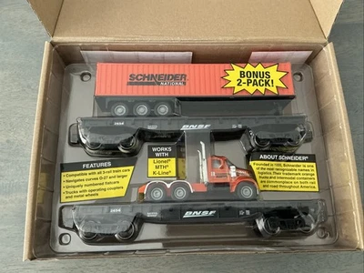 Menards Gold Line 2 Piece BNSF Flatcars With Schneider Tractor & Trailer 0 Gauge - Image 1 of 4