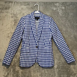 J Crew 100% Linen Campbell Blazer Jacket Blue White Gingham Check Size 00 #E9060 - Picture 1 of 6