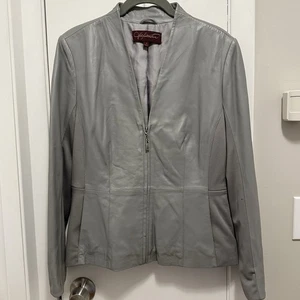 Hal Rubenstein 100% Genuine Soft Lamb Leather Gray V-Neck front zip jacket M - Picture 1 of 9