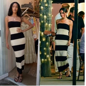 NWT POSSE DRESS Theo Strapless Maxi Knit in Bone Black Striped - Bild 1 von 9