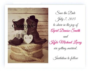 100 Personalized Custom Cowboy Boots Western Bridal Wedding Save The Date Cards - Foto 1 di 1