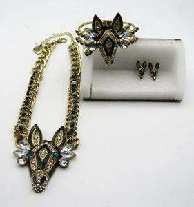 BETSEY JOHNSON ZEBRA ENAMEL & RHINESTONE NECKLACE, BRACELET & EARRINGS SET - Picture 1 of 7