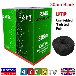 Cable de red Ethernet 305m RJ45 Cat5e caja UTP 100% cobre sólido en negro - Imagen 1 de 4