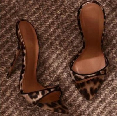 Zapatillas de leopardo para mujer Zapatos Tacón alto Punta abierta Tacones de aguja Mulas Slides Sandalias Foto 1 de 4