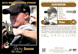 Jason Erickson 2010 MultiAd West Virginia Power #13 Card *AutographDen*