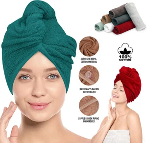 Hair Drying Turban Towel 100% Cotton Twist Wrap Quick Dry Head Bath Cap Hat Band - Picture 1 of 24