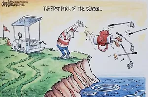 DREW LITTON the First Pitch of the Season Funny Comic Cartoon Golfing Wall Art - Picture 1 of 6