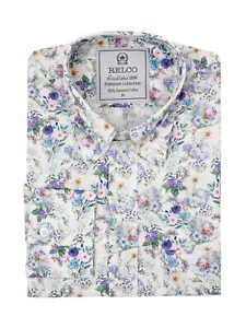 Camisa de algodón premium Relco para hombre floral rosa blanca manga larga cuello abotonado - Imagen 1 de 3