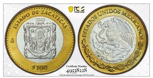 2003 MEXICO ZACATECAS 100 PESOS BI-METALLIC SILVER CENTER PCGS MS65 GOLD SHIELD - Picture 1 of 4