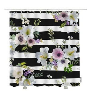 Black White Stripes Flower Shower Curtain 72x72" Colorful Wildflower Waterproof - Picture 1 of 6