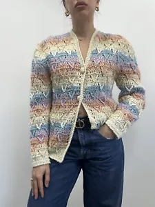 Vintage 70’s Chego Pastel Colorful Stripe Crochet Chunky Knit Cardigan Size S - Picture 1 of 6