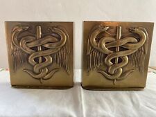 Vintage Brass Doctor Physician Medical Caduceus Serpent Bookend Heavy Pair