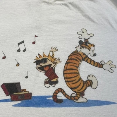 Calvin and Hobbes Shirt Mens Large White Dancing Music Graphic Tee Comic Strip - Image 1 of 4