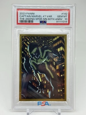 Pegatinas Panini Spider-Man 2023 60 aniversario Spider-Man 142 lámina de oro PSA 10 Foto 1 de 2