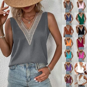 Summer Sleeveless Vneck Women's Top with Lace Patchwork for Everyday Use - Picture 1 of 27