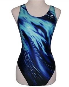 Traje de baño atlético de colección años 80 TYR 1 PIEZA azul degradado corte alto negro corredor espalda playa - Imagen 1 de 8