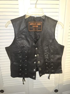 Women's Black Leather Motorcycle Vest Lace Detail on Front - Picture 1 of 9