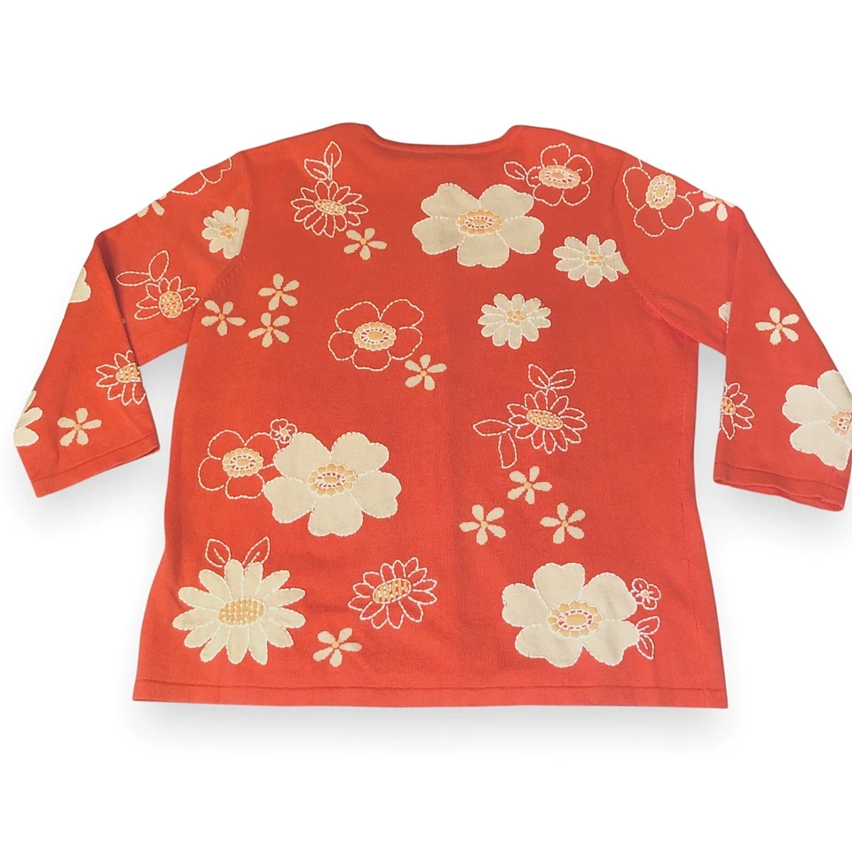David Brooks Orange Floral Cardigan Sweater Women's L Embroidered 3/4 Sleeves - Image 1 of 4