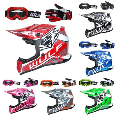 Wulfsport Kids Air-X Cub Helmet Motocross ATV Crash & Stratos Gloves & Goggles