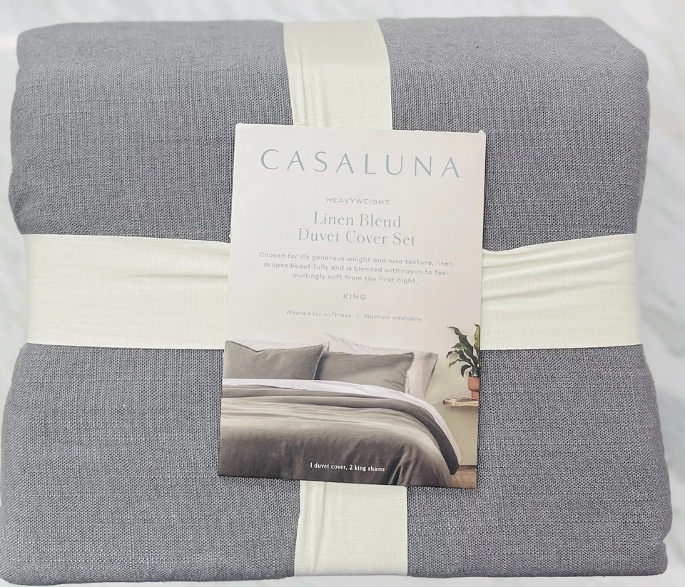 Casaluna Heavyweight Linen Blend Dark Gray King Duvet Cover Set 3pc