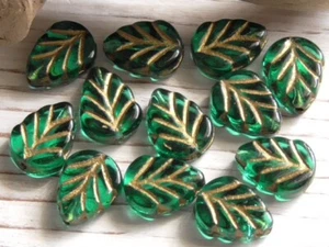 12 - 10x8mm CZECH TRANSPARENT EMERALD GREEN GOLD VEIN BIRCH LEAF GLASS BEADS - Picture 1 of 3