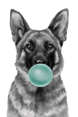 German Shepherd Blowing BlueGreen Bubble Poster Print, Dog Pet Puppy Art Decor - Image 1 of 2