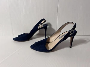 PRADA Suede Navy d’Orsay Open Toe Sling Back Heel Size 38 1/2 EU - Picture 1 of 11