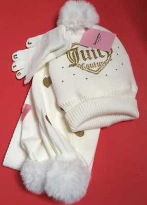 JUICY COUTURE 3 PIEZAS NIÑAS PUNTO ORO METAL CORAZONES 💛 BUFANDA GORRO GUANTES CONJUNTO Foto 1 de 4