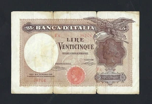 REGNO D'ITALIA VITT.E III BIGLIETTO DI BANCA 25 LIRE AQUILA LATINA 23-1-1919 R3 - Foto 1 di 5