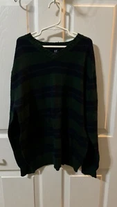 GapKids Boys Long Sleeve V-Neck Sweater Large Cotton Blend Green & Black Stripes - Picture 1 of 1