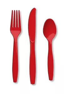 24 Piece Classic Red Premium Plastic Forks, Spoons, Knives Cutlery - 8 ea - Picture 1 of 1