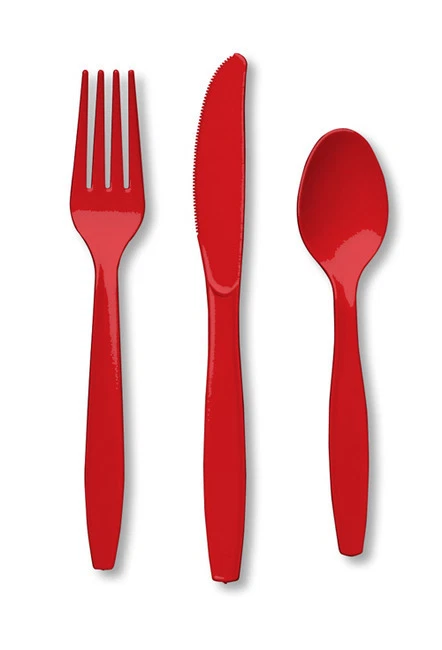 24 Piece Classic Red Premium Plastic Forks, Spoons, Knives Cutlery  - 8 ea - Image 1 of 1