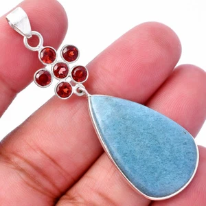 Natural Blue Aventurine & Garnet 925 Sterling Silver Pendant Jewelry P-1122 - Picture 1 of 5