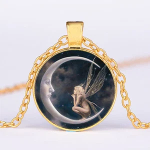 CRESCENT FAIRY MOON charm pendant GOLD plated 18K necklace 18" chain women - Picture 1 of 7