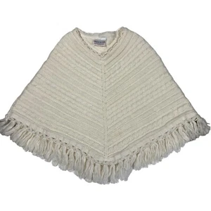 Cable Rib Knit Ivory White Knit Poncho Cape Fringed Sweater Girls Sz 3 /6 Years - Picture 1 of 2