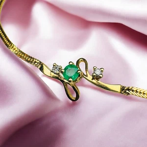18K Gold- Colombian Emerald & Diamond Bracelet- 750 Gold -6.5"-Herringbone -2.6g - Picture 1 of 22
