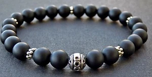 Spiritual Beads Men's Bracelet  Matte Black Onyx Gemstones Silver Bali Bead SALE - Picture 1 of 2