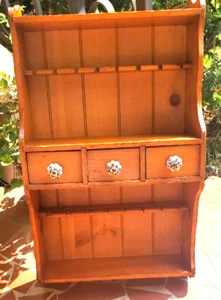Antique Primitive Maple Wood Spice Spoon Rack Shelf Drawers Blue Porcelain Knobs - Picture 1 of 22