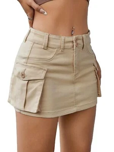 Women's Low Waist Button Bodycon Mini Cargo Denim Skirt with Pocket Khaki S - Picture 1 of 5