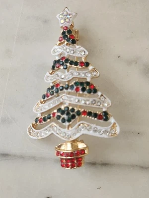 Broche prendedor blanco rojo estrás árbol de Navidad oro vacaciones invierno joyería regalo Foto 1 de 4
