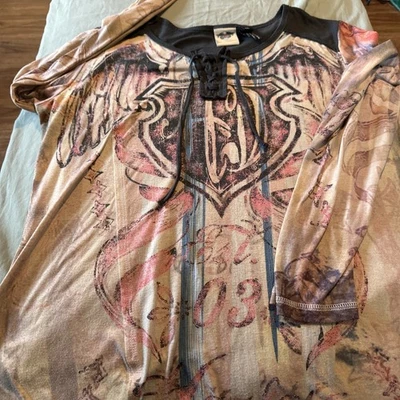 Camisa para mujer Harley Davidson gris rosa talla 2XL manga larga Henley cuello corbata Foto 1 de 4